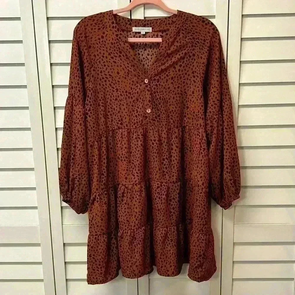 Miss Sparkling Leopard Print V-Neck Long Sleeve Tunic Dress Size Small